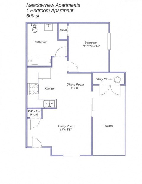 Floor plan for 1 bed, 1 bath, 600 sqft